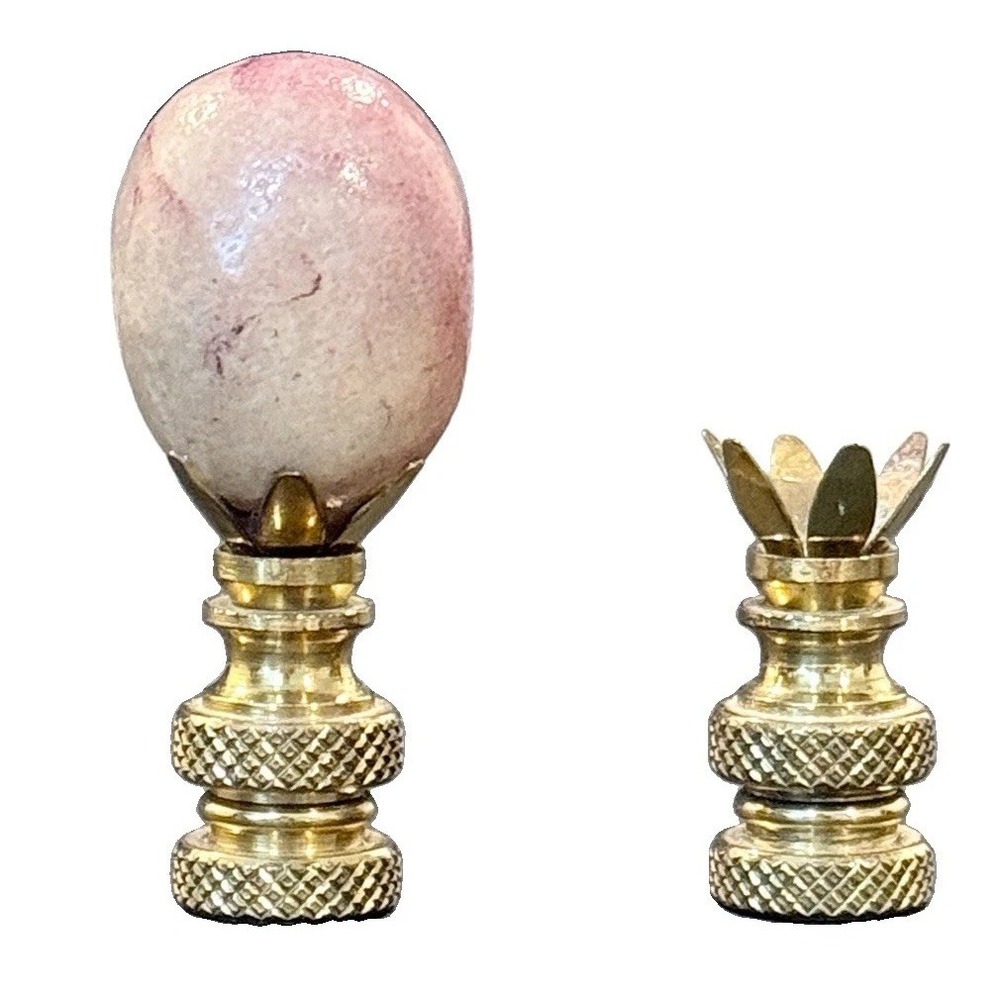 Vintage Brass Lamp Finial Pink Marble Egg Carved Stone Topper Base MCM 2pc Set